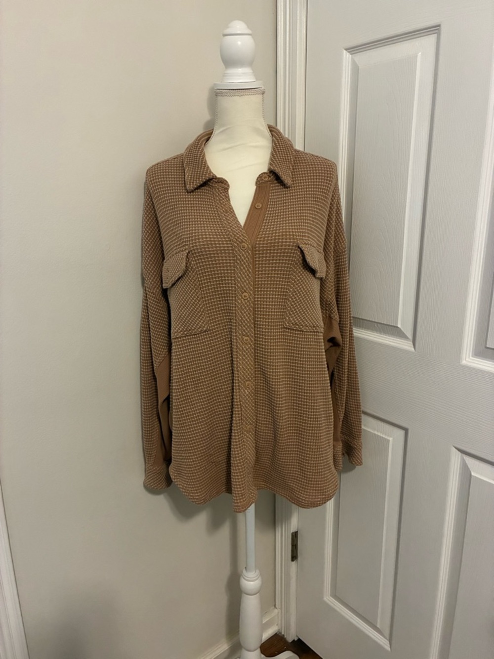 Aerie Cozy Oversized Waffle Knit Button-Up in Camel